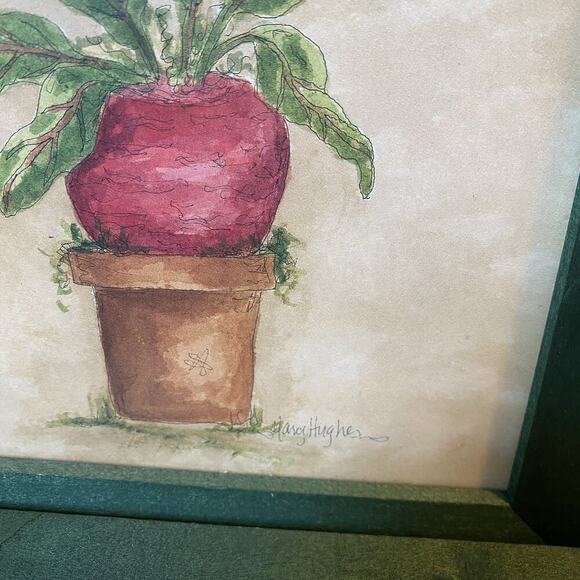 Set Of 2 Vintage Watercolor Art Fruit Prints Wall decor Singed Frame Beet Apple - Picture 3 of 7